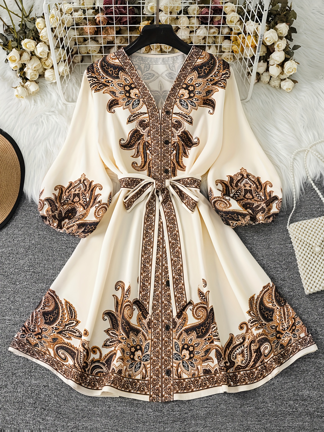 womens paisley print v neck a line dress with waist belt machine washable non stretch fabric   versatile style for casual formal occasions details 6