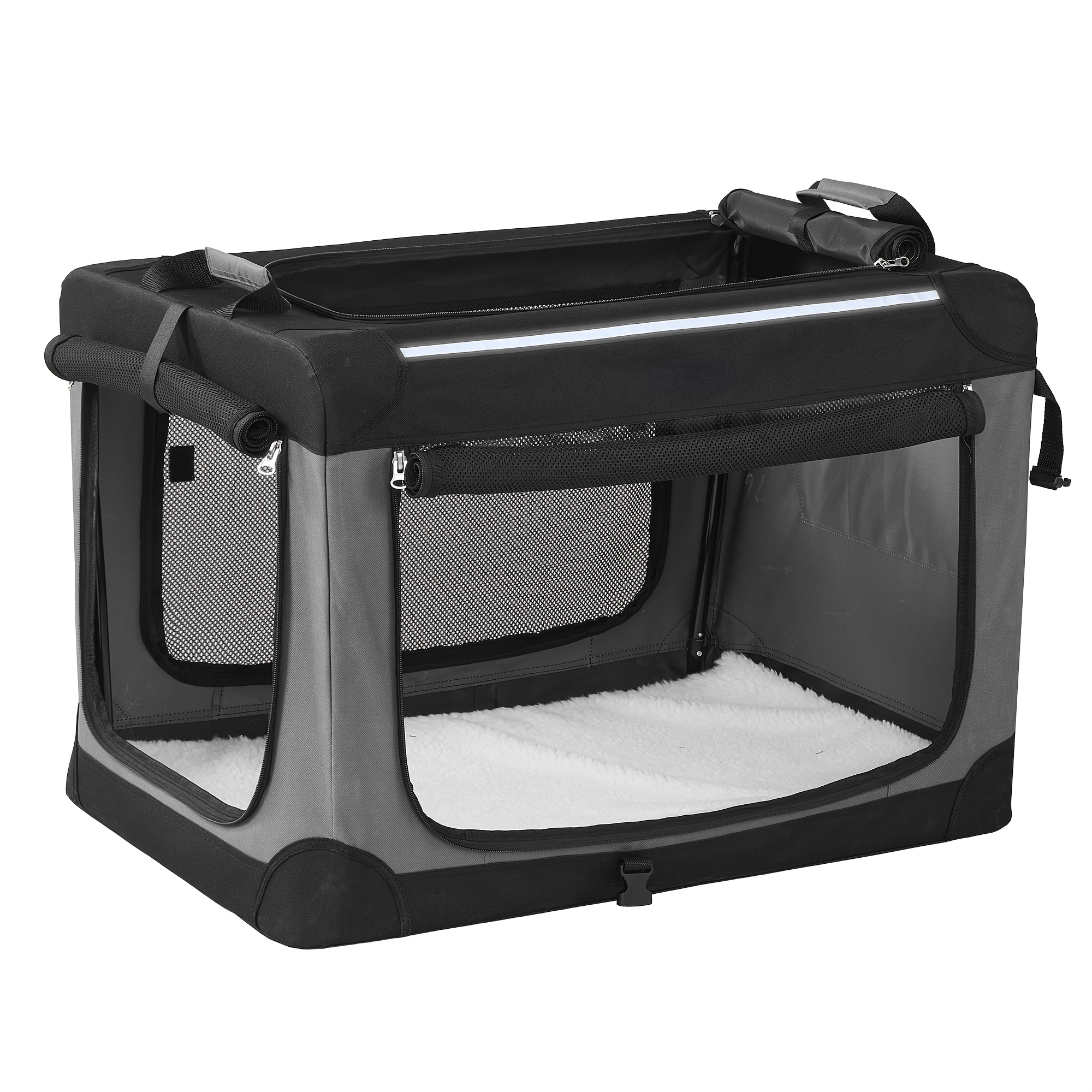 Image of Collapsible Dog Crate, Portable Pet Travel Crate For Medium Dogs, 76 X 53 X 53cm, Oxford Fabric With Mesh Doors, Storage Pocket, Ink Black