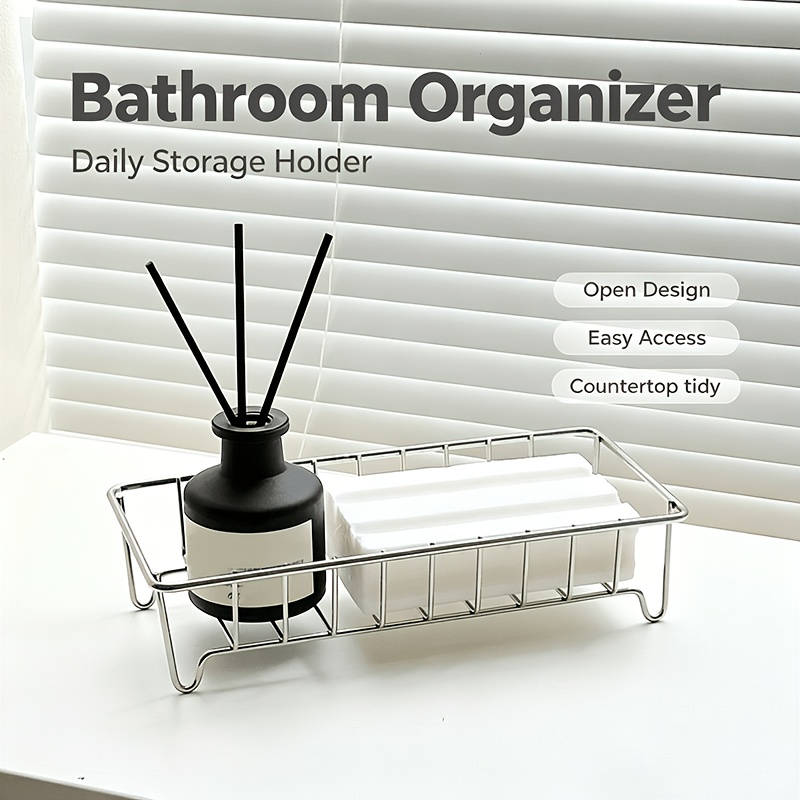 TEMU 1pc Stainless Steel Draining Storage Basket, Countertop Organizer Rack, Bathroom Toiletry Bottle And Jar Organizing Basket, Aromatherapy And