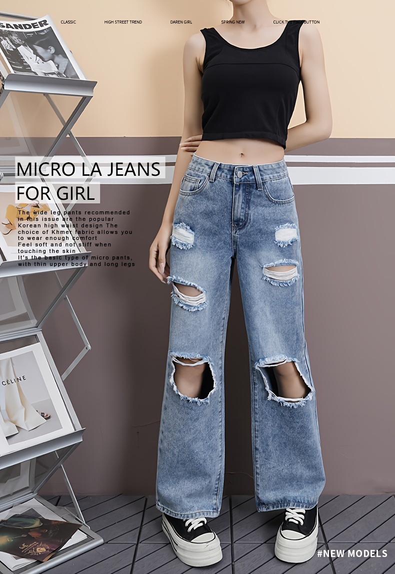 Girls Ripped Jeans High Street Destroyed Denim Trousers - Temu