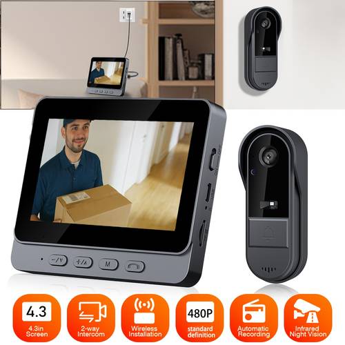 1 doorbell camera with 4 3 inch ips screen wireless 480p video visual doorbell security camera kits support infrared dual way intercom for office apartment