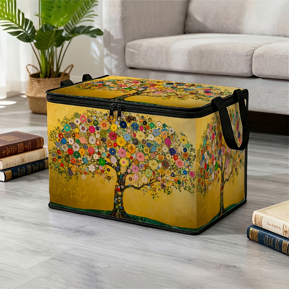 TEMU 1pc Upgraded Large Capacity Storage Organizer Container With Lid, Gustav Klimt Tree Of Life-golden Colorful Circle Artistic Quilt And Pillow