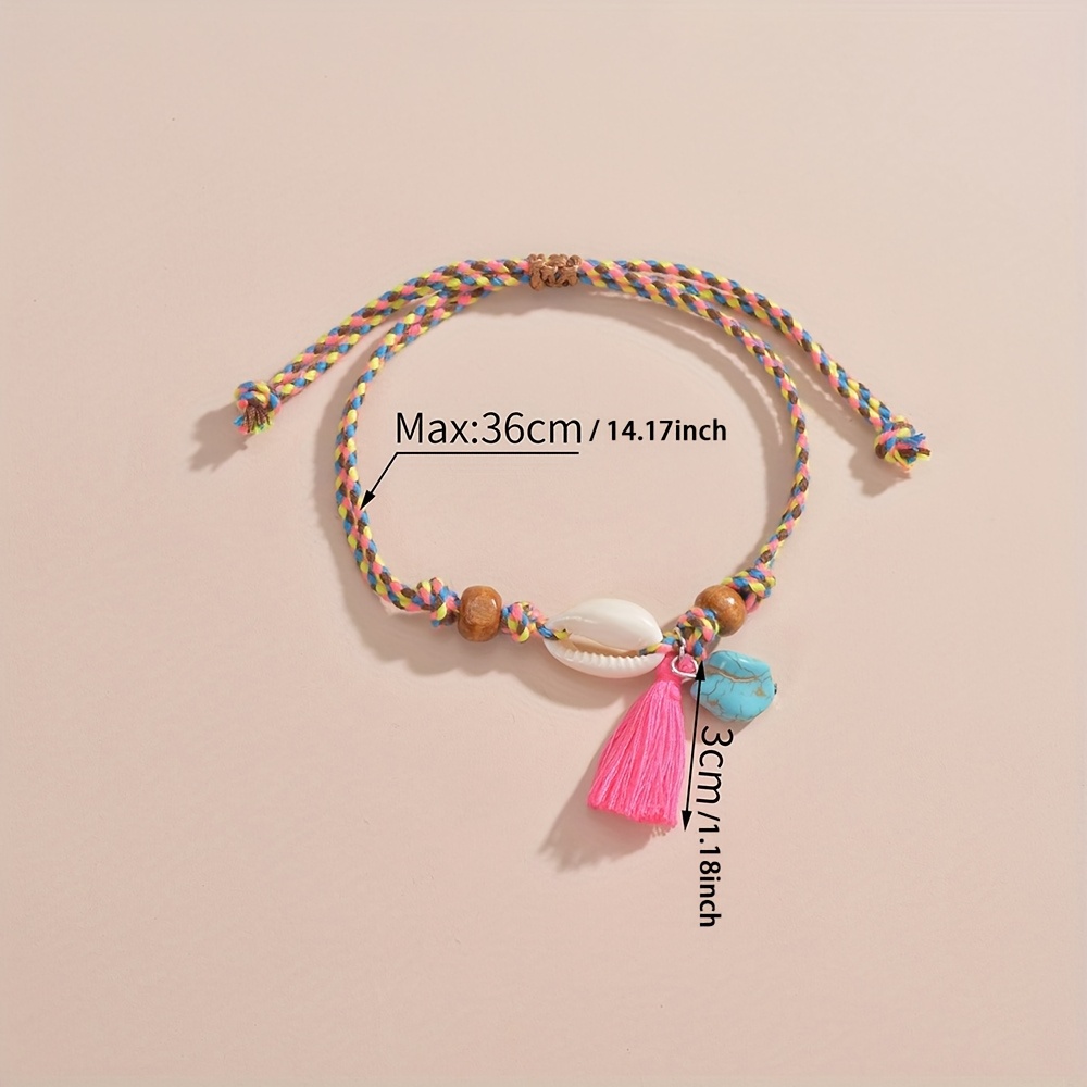 Women's Woven Anklet with Shell Tassel & Turquoise Pendant