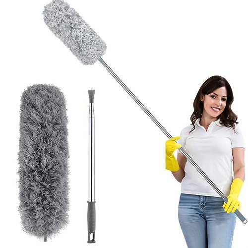 extendable microfiber duster featuring a telescopic pole in lengths of 57 96 or 116 inches with a flexible head ideal for manually cleaning high ceiling fans blinds spider webs and vehicles