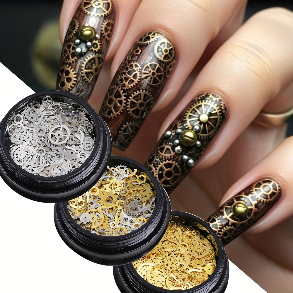 3 Boxes Mixed Golden Silvery Gear 3d Nail Art Decorations Ultra Thin Metal Nail Accessories Gear Watch Pointer Nail Charms Slices
