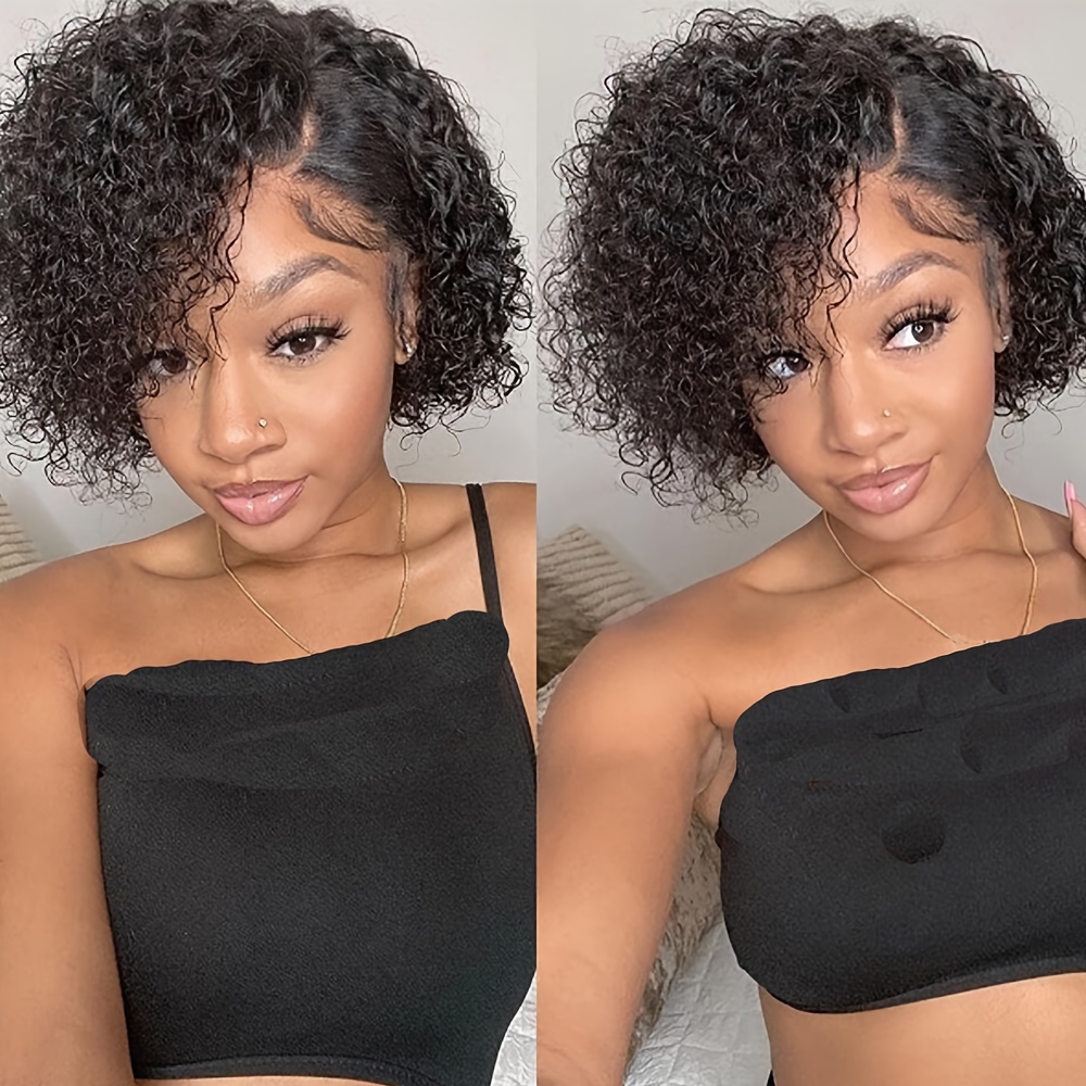 chic short curly side part lace front wig brazilian human hair water wave style for women 200 density 13x4 t part details 5