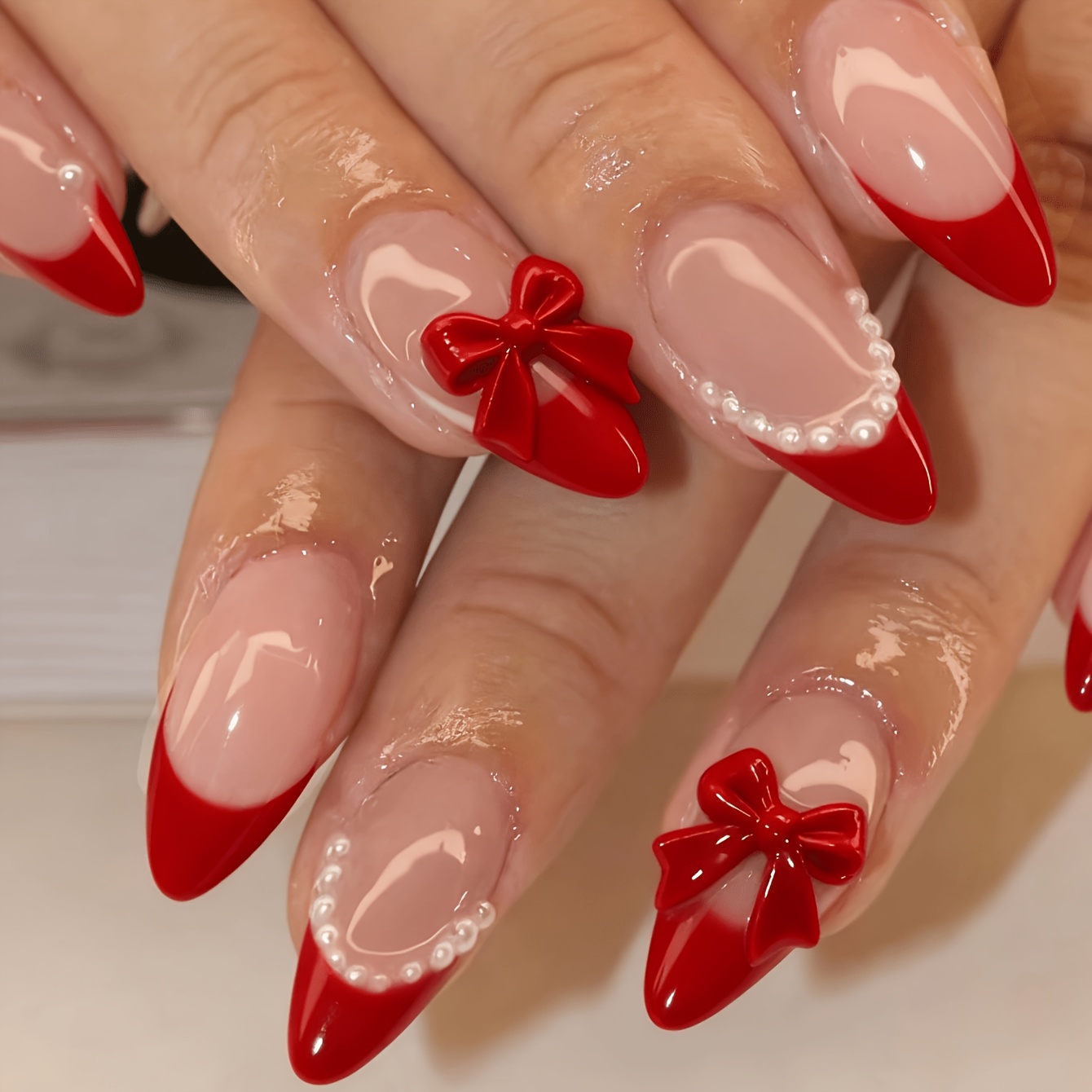 TEMU 12pcs Red Almond-shaped Pressing False Nails With 3d Bow And Are Perfectly Suitable For Daily Wear Parties Celebrations And Valentine's Day And