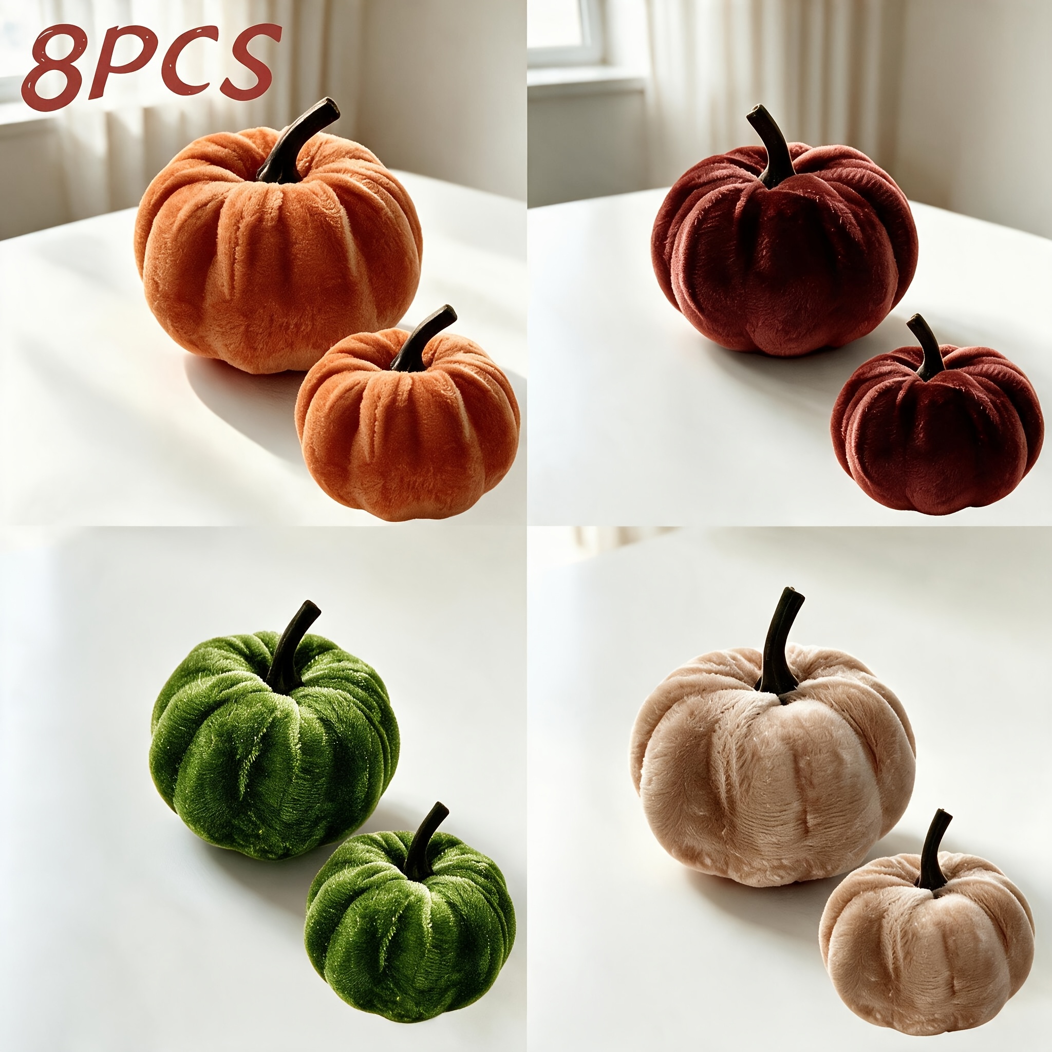 TEMU 8pcs Thanksgiving Fake Pumpkin Set, Including 3.27-inch And 2.05-inch Sizes, Featuring Orange, Brown, Green, And Beige Artificial Pumpkins,