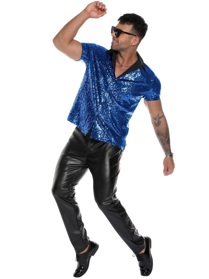 Chemise Disco Homme Paillettes Années 70 – Manches Longues, Brillante, Pour Fête, Carnaval, Soirée à Thème