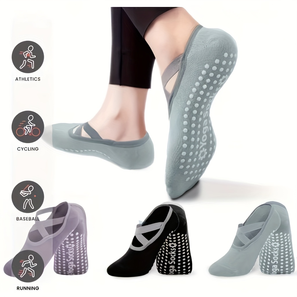 E-shop 3 Paar Yoga-Socken in Mischfarben, Gripsocks mit Kreuzriemen, rutschfeste Socken für Pilates-Stangen geeignet, Silikon Anti-Rutsch-Tanzsport