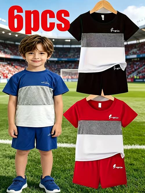 6pcs boys breathable color blocking comfortable and fashionable printed round neck short sleeve and shorts set football sports suit spring summer autumn casual wear casual clothing sporty style stretchy fabric suitable for outdoor