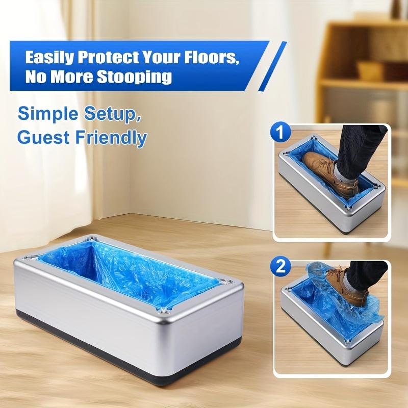 automatic shoe cover dispenser a set of shoe cover machines with 100 disposable plastic boot covers designed to prevent slipping for use in homes shops offices family   and more in a silver color Product details 1