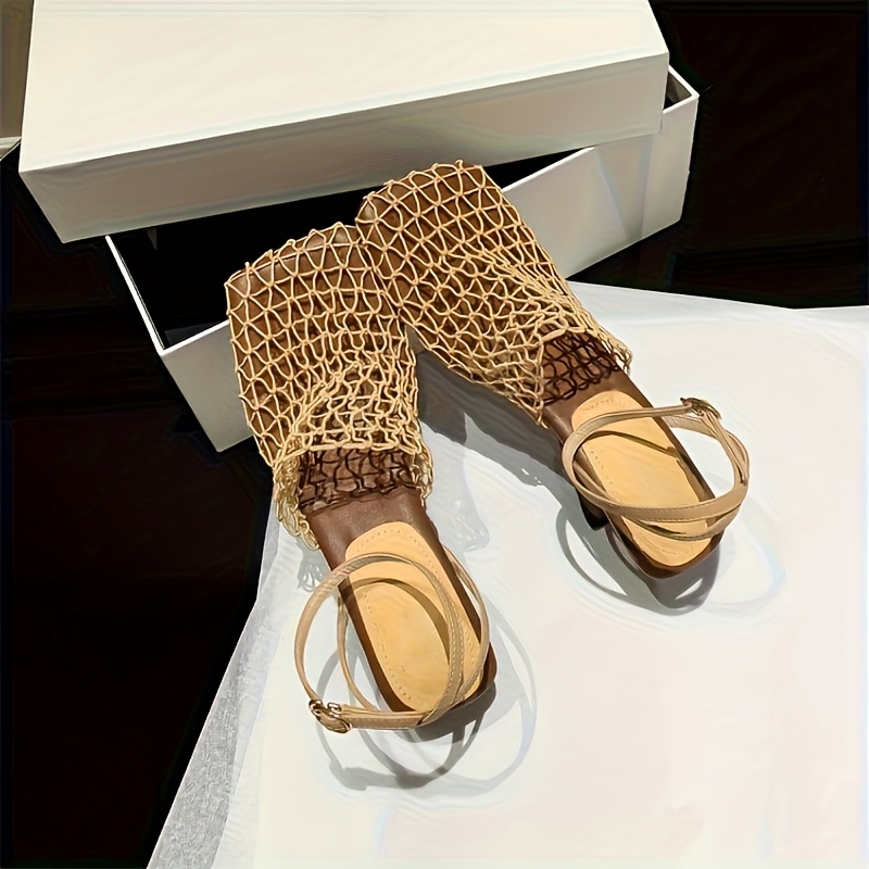 Women'S Retro Woven Square Toe Sandals - Chunky Heel Summer Dress Shoes with Ankle Strap, Brown Braided Design, Comfortable Fabric Upper & Rubber Sole for Casual & Formal Outfits, Chunky Heel Sandals, Formal Footwear, Elegant Footwear, Durable Footwear