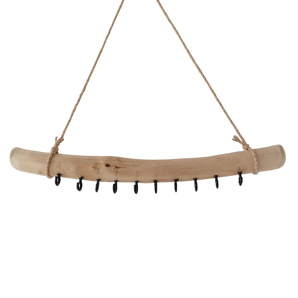 TEMU Étagère Murale en Bois Flottant - Organisateur de Clés/Bijoux de Style Bohème Cottage et Côtière avec Corde et Crochets, Idéal pour Clés, Sacs,