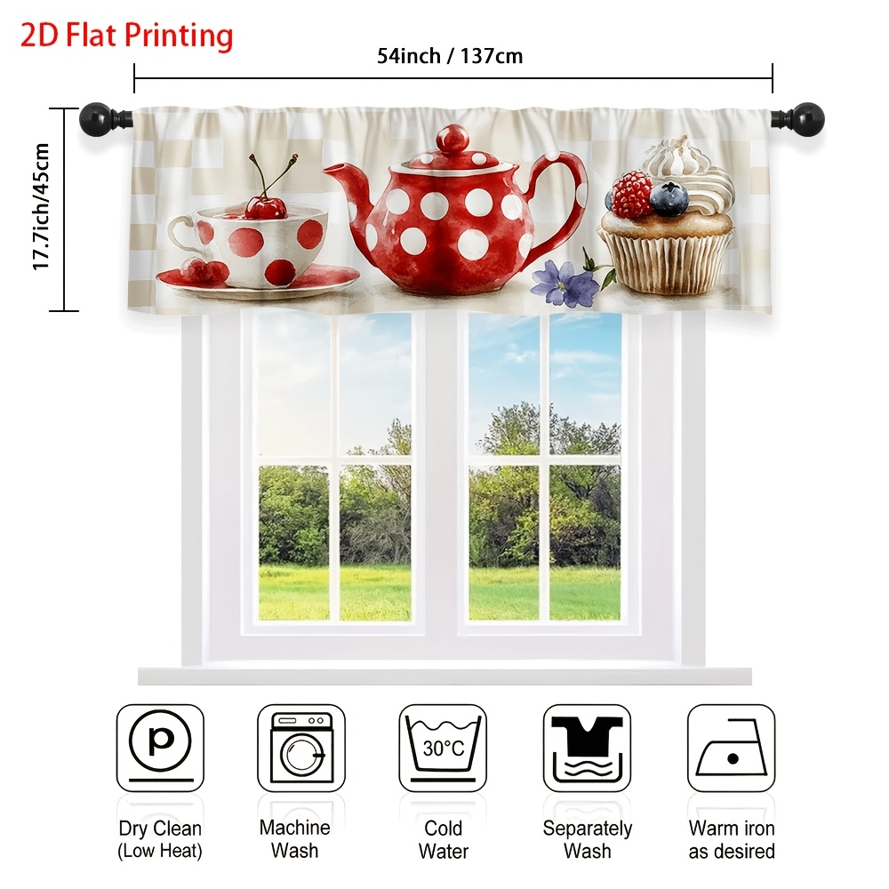 Image of 2d Flat - 2d Flat - 1pc Vintage Teapot Cupcake Art Valance Curtain 2d Flat Printing Rod Brightens Bedroom, Living Room, Office, Art , Home Decoration, Boosting Space Charm