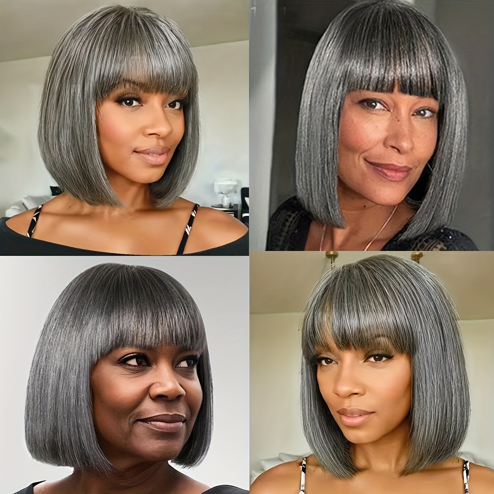 10 inch salt pepper bob wigs women full machine made human Temu - Main Image