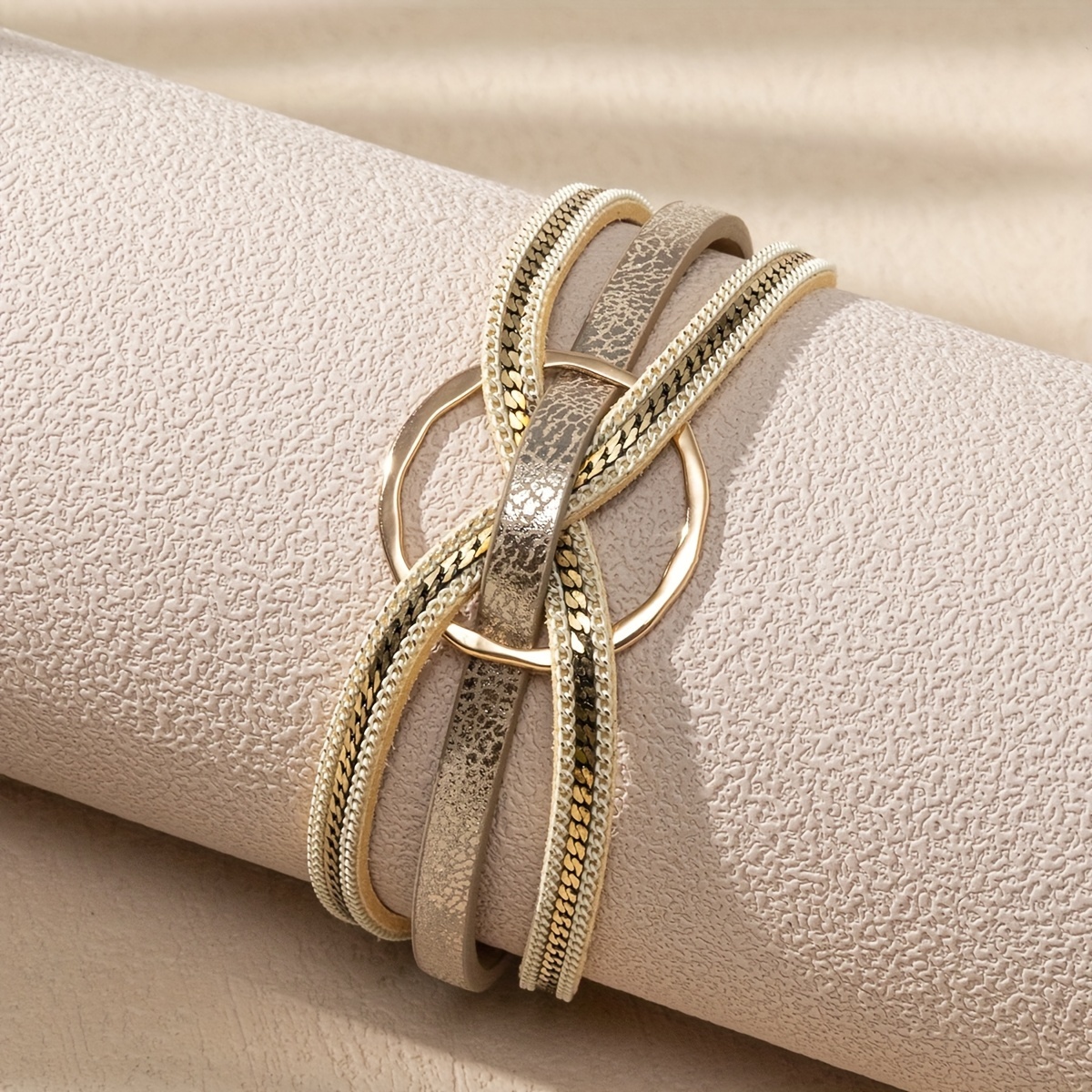 Minimalist PU Leather Bracelet with Circles, Magnetic Closure