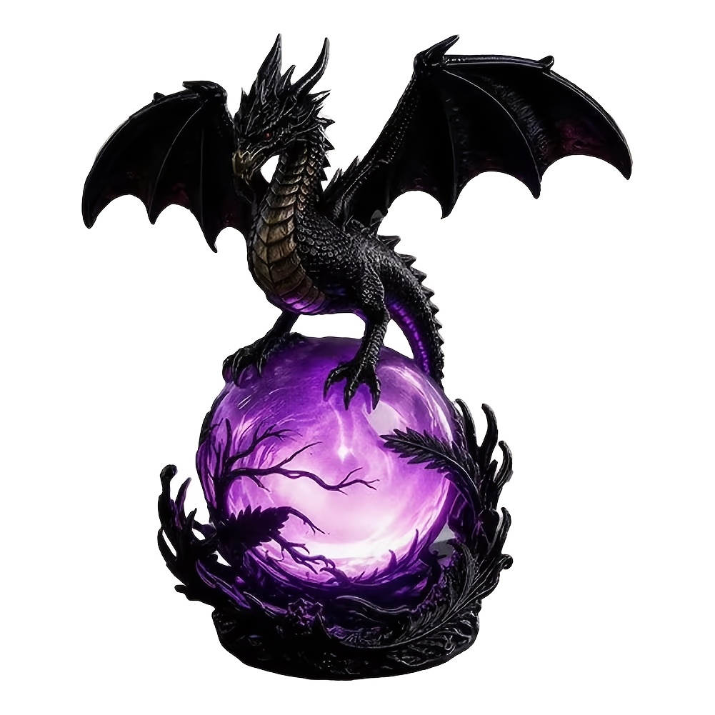 TEMU Halloween Black Dragon Statue With Plasma Ball Lamp, Gothic Resin Dragon Figurine Light, Halloween Pumpkin Table Decor, Fantasy Dragon Ornament