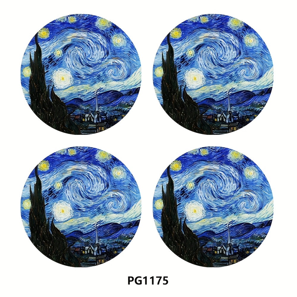 TEMU Van Starry Night Car Coasters | 4pcs Pu Leather Drink Mats | Fit For Vehicle Cup Holders | Artistic Interior Decor | Multi-use For Home & Auto, Cute Car Coaster