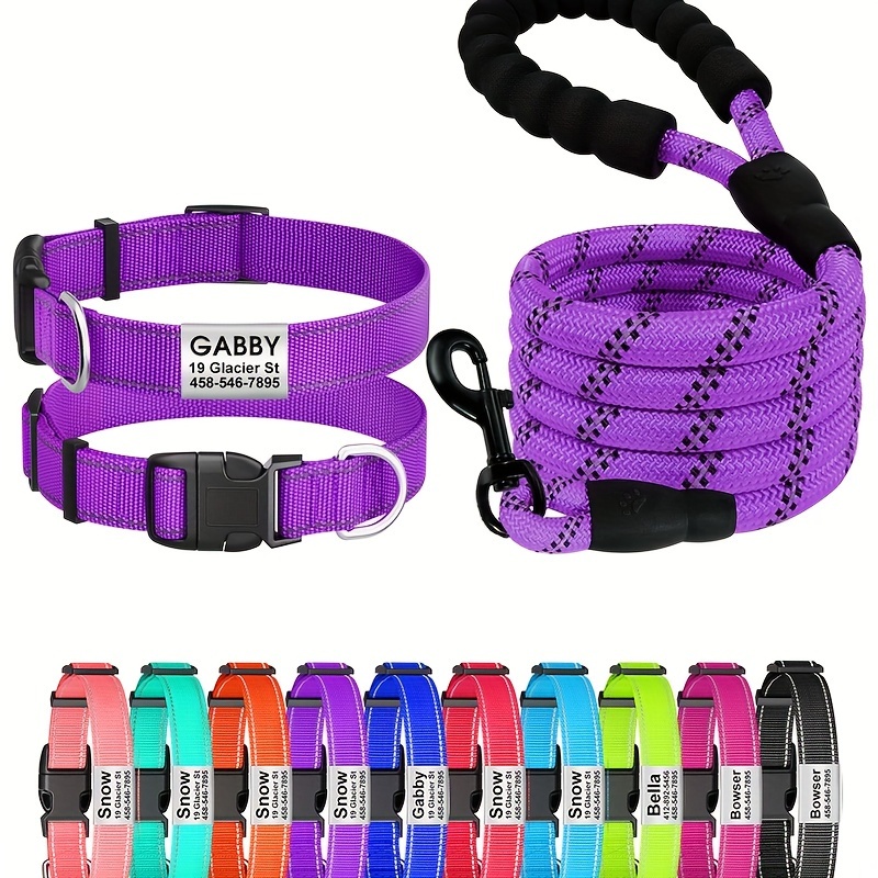 Personalized Reflective Dog Collar and Leash Set with Safety Locking Buckle