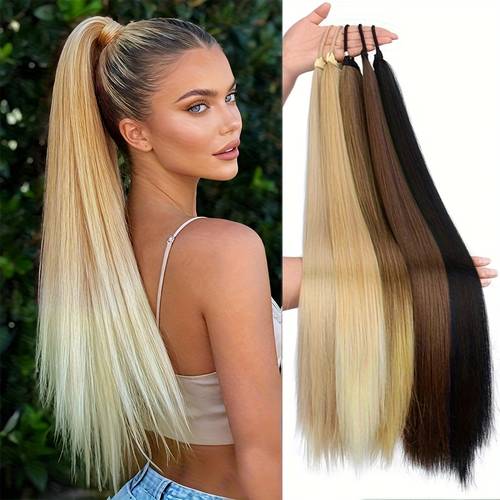 extensão de cabelo para mulheres: cabelo sintético longo e com elástico — adiciona volume e comprimento, perfeito para festas, casamentos a dia, estilo rápido, durável, leve e