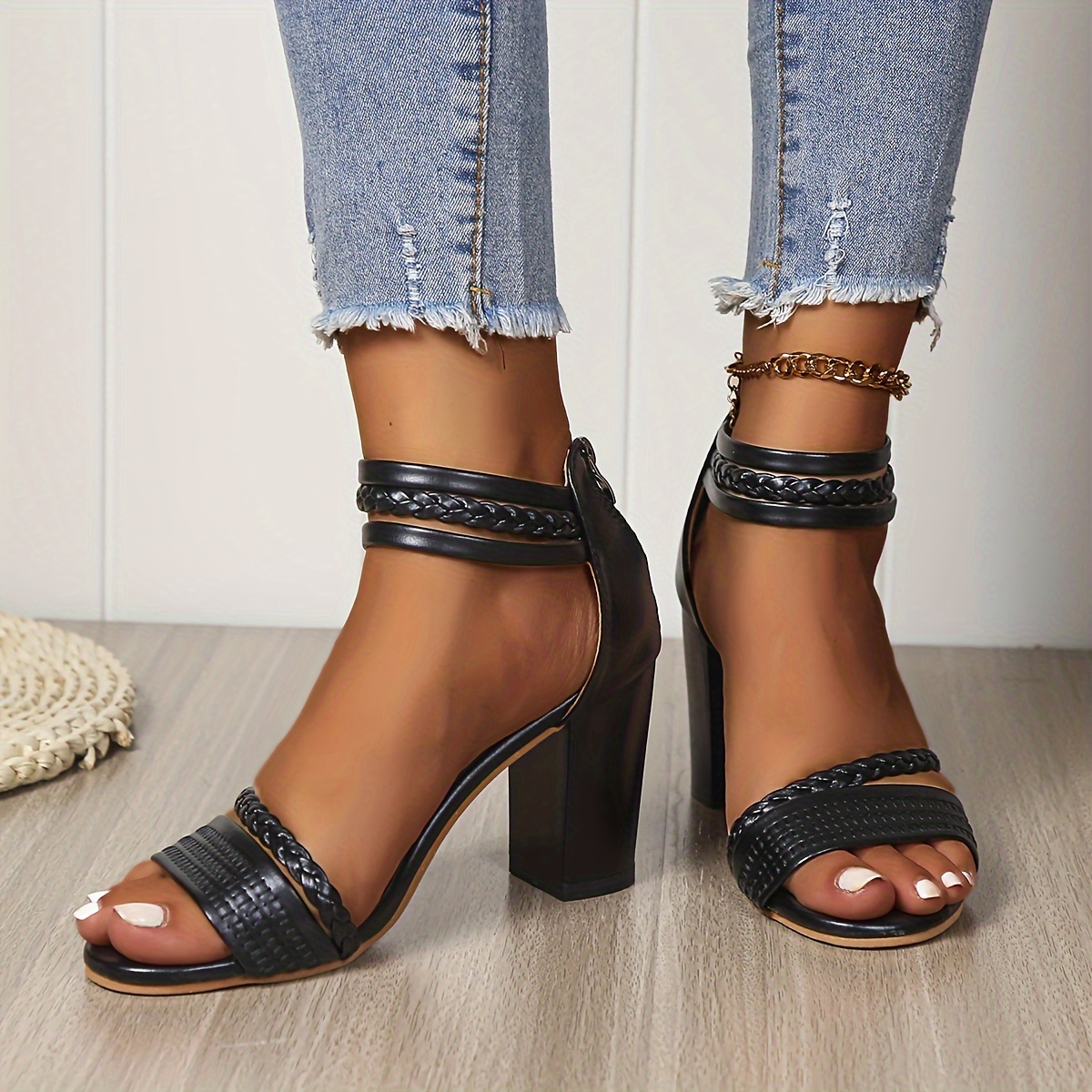 Black stacked heel store sandals