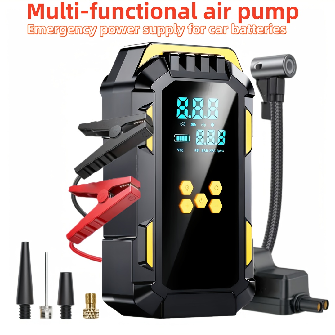 9 in 1 multifunctional heavy duty car battery booster jump starter 150psi air compressor usb rechargeable with lcd pressure display for engine start and tire inflation 5000a 12v suitable for 9l gasoline 8l diesel engines   jumper cables 3   lighting home use or mechanic commercial pump kit Product details 0