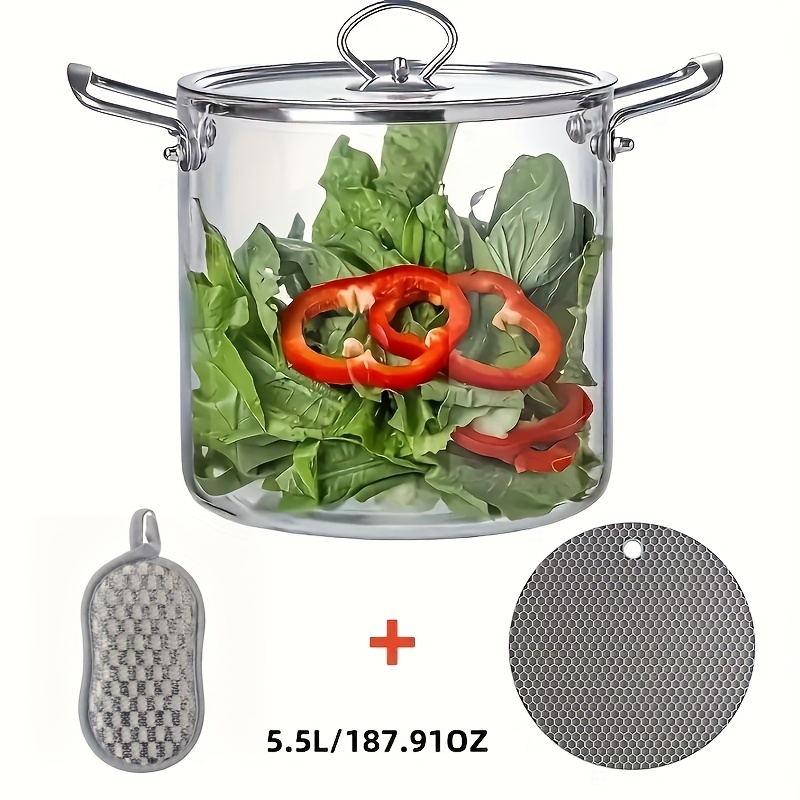 TEMU 1pc 5.5l, Stainless Steel Handle Glass Pot With Insulation Pad And Scouring Pad, Suitable For Induction Cookers/electric Clay Stoves,