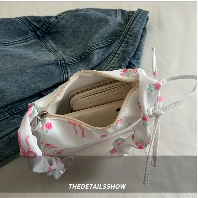 floral print mini shoulder bag for women lightweight polyester crossbody bag with adjustable bow strap zipper closure white black compact travel pouch cute accessory smooth texture small purse details 3