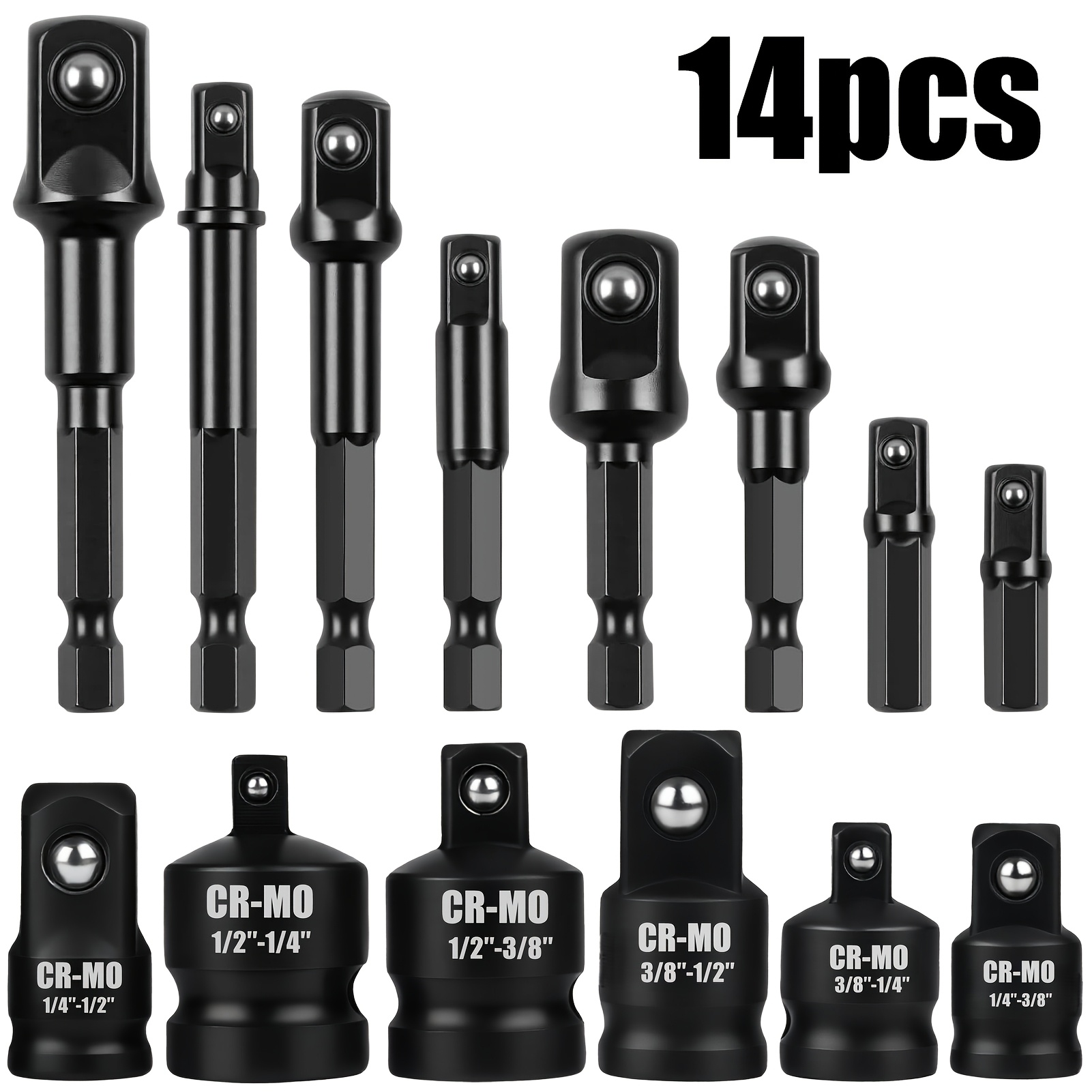 E-shop 14-tlg. Schlagschrauber-Stecknuss-Adapter- Reduzier-Set, Verlängerungs-Set, Stecknuss-Bohrer-Adapter, verwandelt Bohrschrauber in