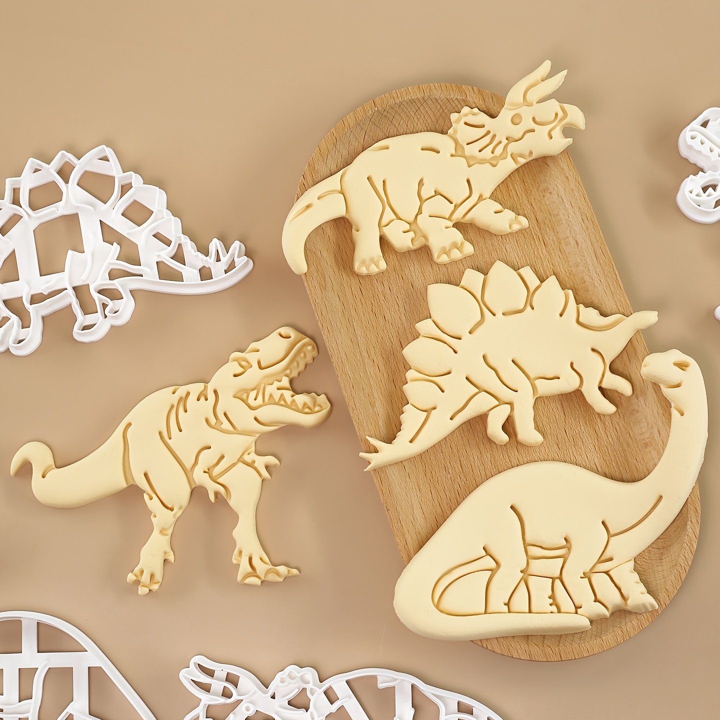 Image of 4pcs Dinosaur Themed Cookie Cutters Set 3d Pressed Cookie Molds Brachiosaurus Rex Triceratops Dinosaur Designs For Kids Birthday Party, Christmas, Thanksgiving