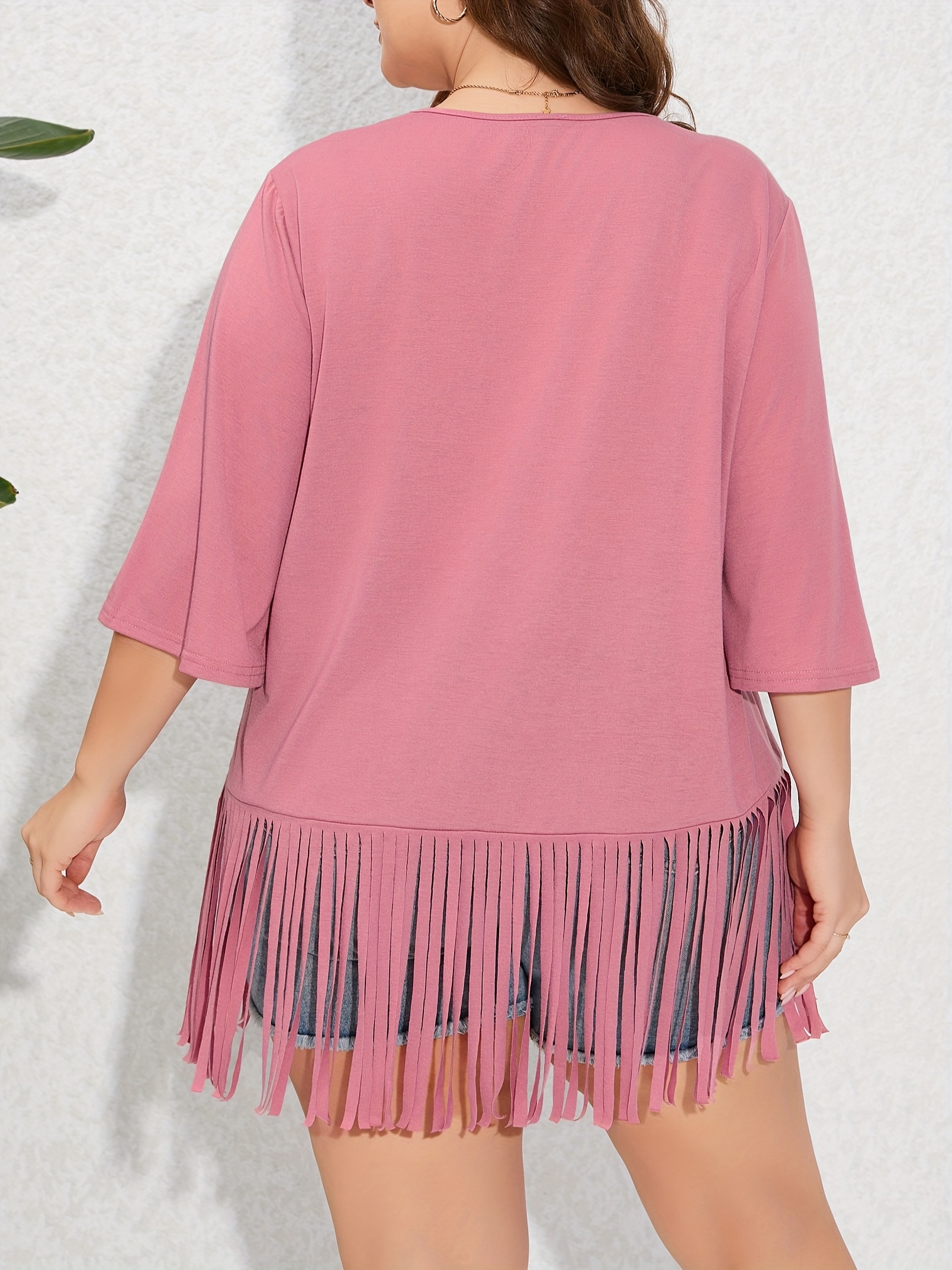 women's plus size fringe hem short sleeve v neck t shirt - Temu