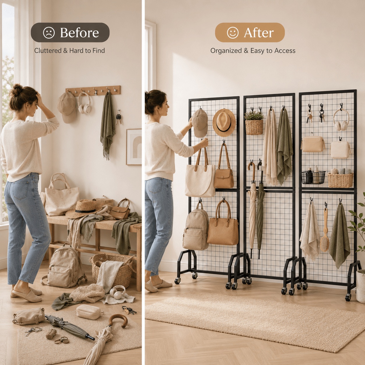3-pack Rolling Grid Wall Display Rack, 164cm Mobile Wire Grid Panel Stand With 10 Hooks, Freestanding Retail Display Stand For Shops, Craft , Art Shows & Home Storage