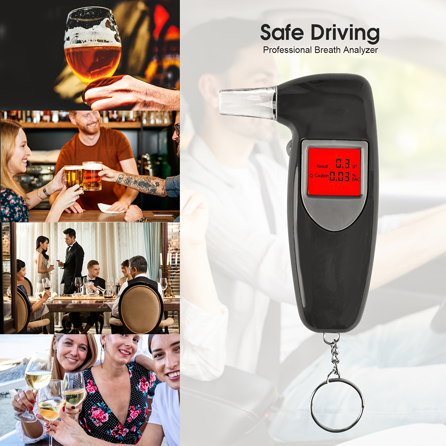 Digital Alcohol Breath Tester with LCD Display, Professional Breathalyser Analyzer with 5 Mouthpieces & Audible Alert, Portable Keychain Design