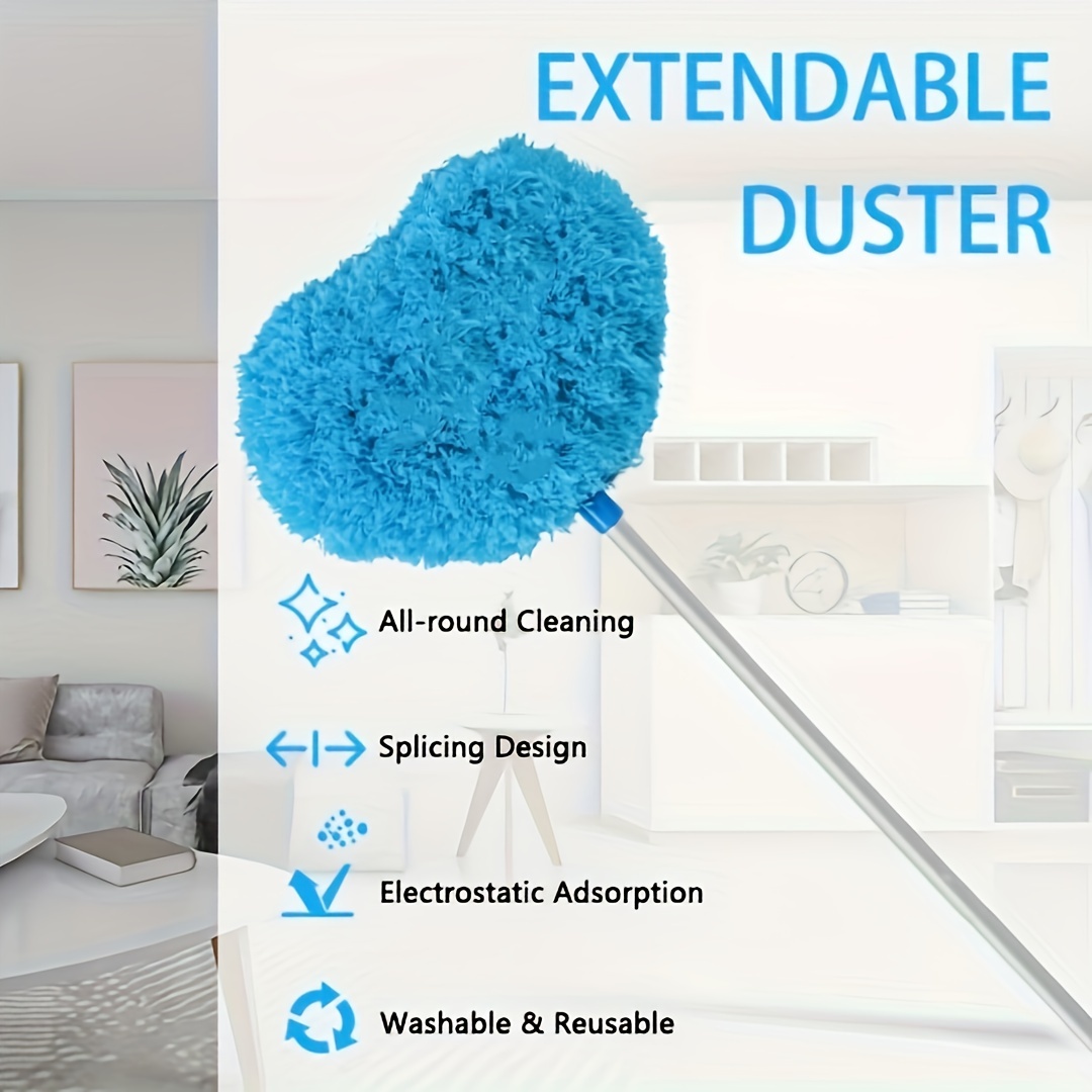 1pc extendable duster with multiple components plastic broom handles for ceiling fan high ceilings furniture and car cleaning washable reusable microfiber dust removal brush