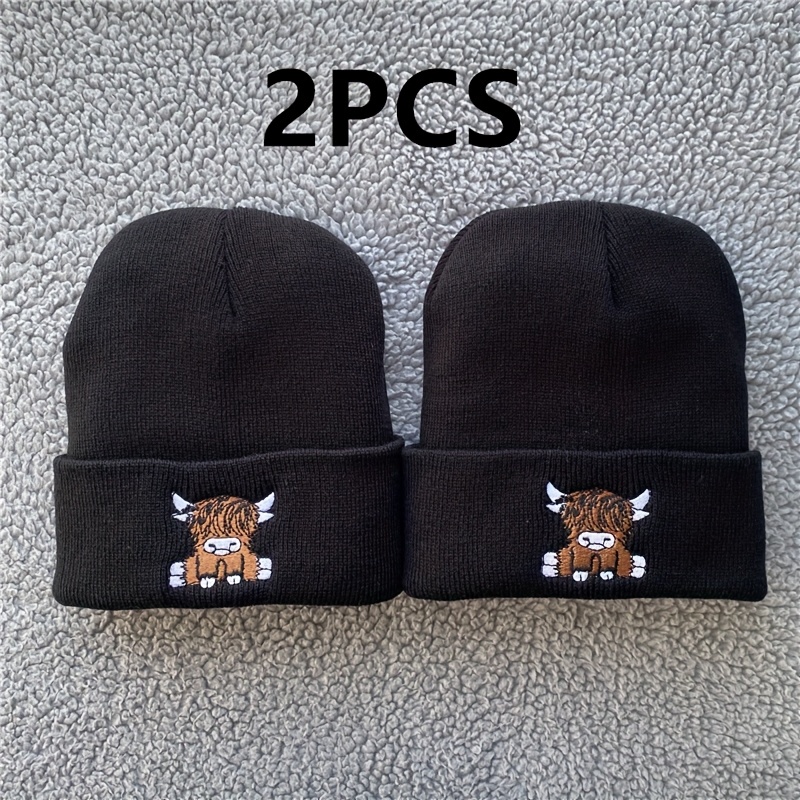 2pcs Pack 2pcs Embroidered Highland Cow Beanie Hats - Stretchy Lightweight Winter Hats Suitable For , Cute Scottish Cow Embroidery, Hand Washable For Parties, Casual Attire & New Year Events (unisex)
