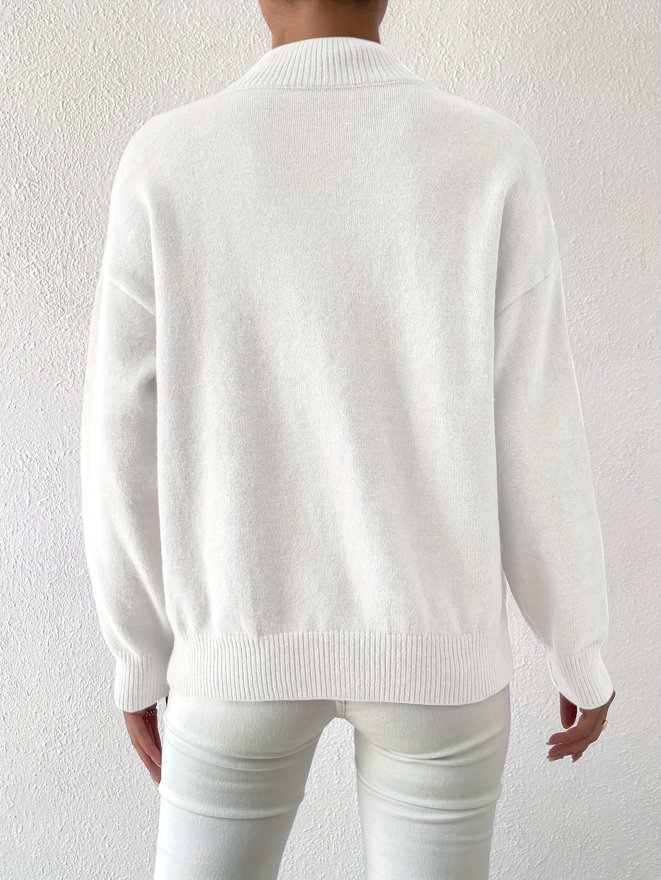 womens solid color long sleeve casual loose knit sweater with a stand collar for autumn and winter white 1