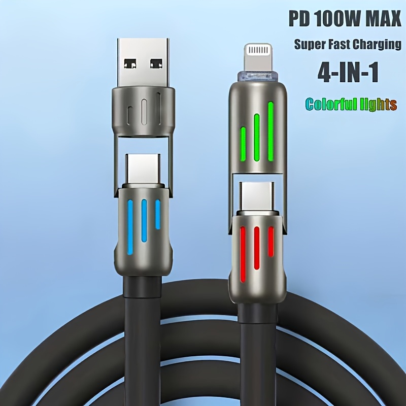 100W Max 4-in-1 USB-C Cable, PD Super Fast Charging and Data Synchronization, Silicone Material, Multi-Port Charging with Ccolor Light, Suitable for iPhone, for MacBook, for iPad, for SamSung, Xiaomi