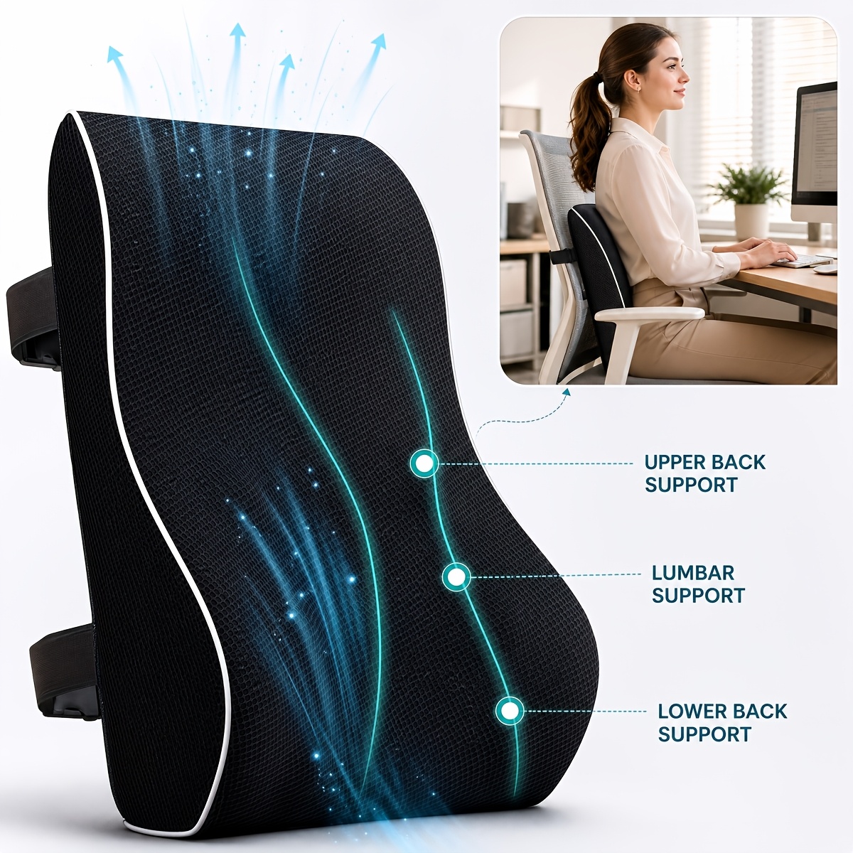 TEMU 1pc Coussin de Soutien Lombaire en Mousse à Mémoire de pour Chaise de Bureau, Voiture, Ordinateur, Chaise de Gaming et Fauteuil Inclinable -