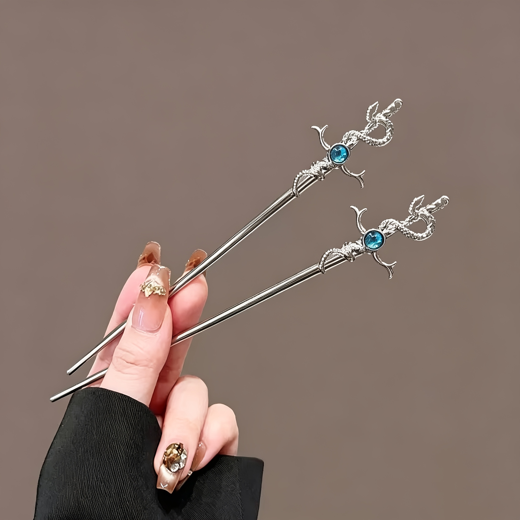 TEMU 2pcs /korean Style Vintage Sword Hair Sticks - Carved Twisted Snake & Gemstone Dark Gothic Hair Pins, Long Hair Suitable For Hairstyle