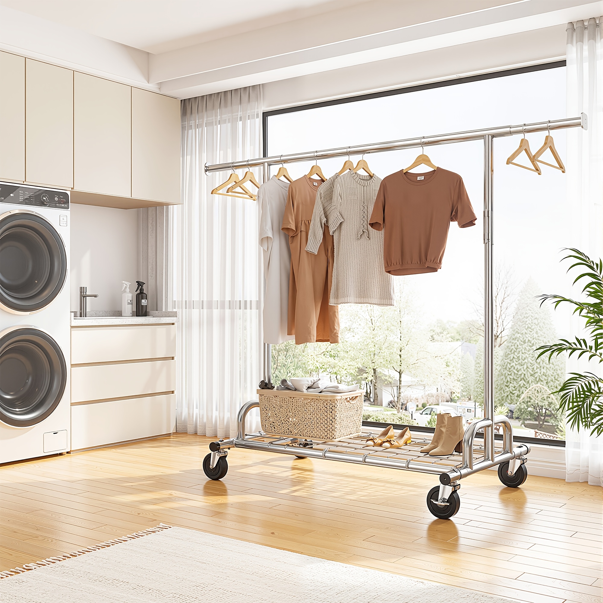 Image of Heavy Duty Mobile Clothes Rack On Wheels - Sturdy Metal Garment Cart Suitable For, Retail Store, Laundry Room, Dorm - Freestanding Rolling Clothes Trolley With Assembly, Space-, No Wood