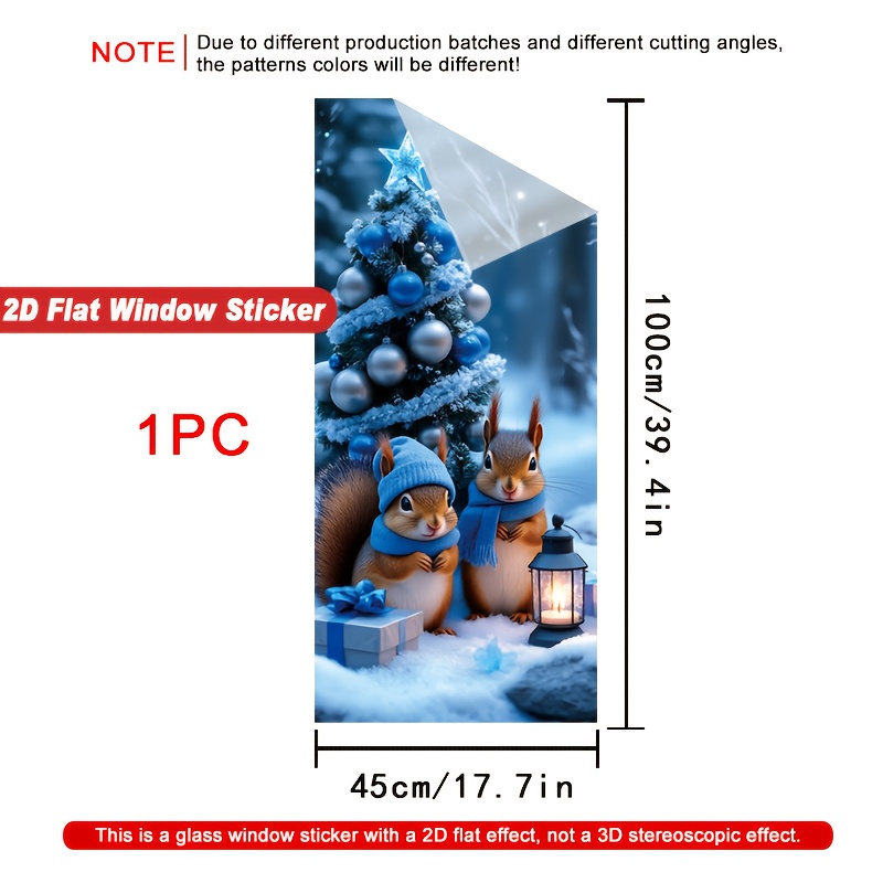 TEMU 2D Plat - 2D Plat - 1 autocollant de fenêtre plat 2D pour Noël, représentant une scène de avec une écureuil. Fabriqué en PVC, cet autocollant