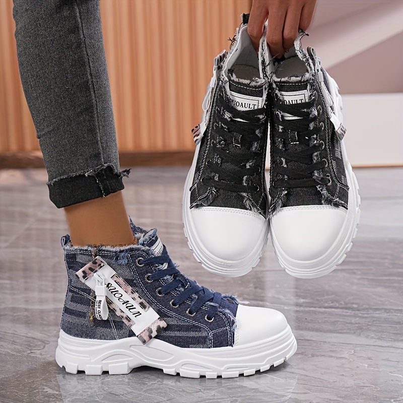 Women'S High-* Sneakers Versatile Casual Black Denim with White  Rubber Sole, Lace-Up, Round Toe, Comfortable Fabric Upper Casual Attire, 