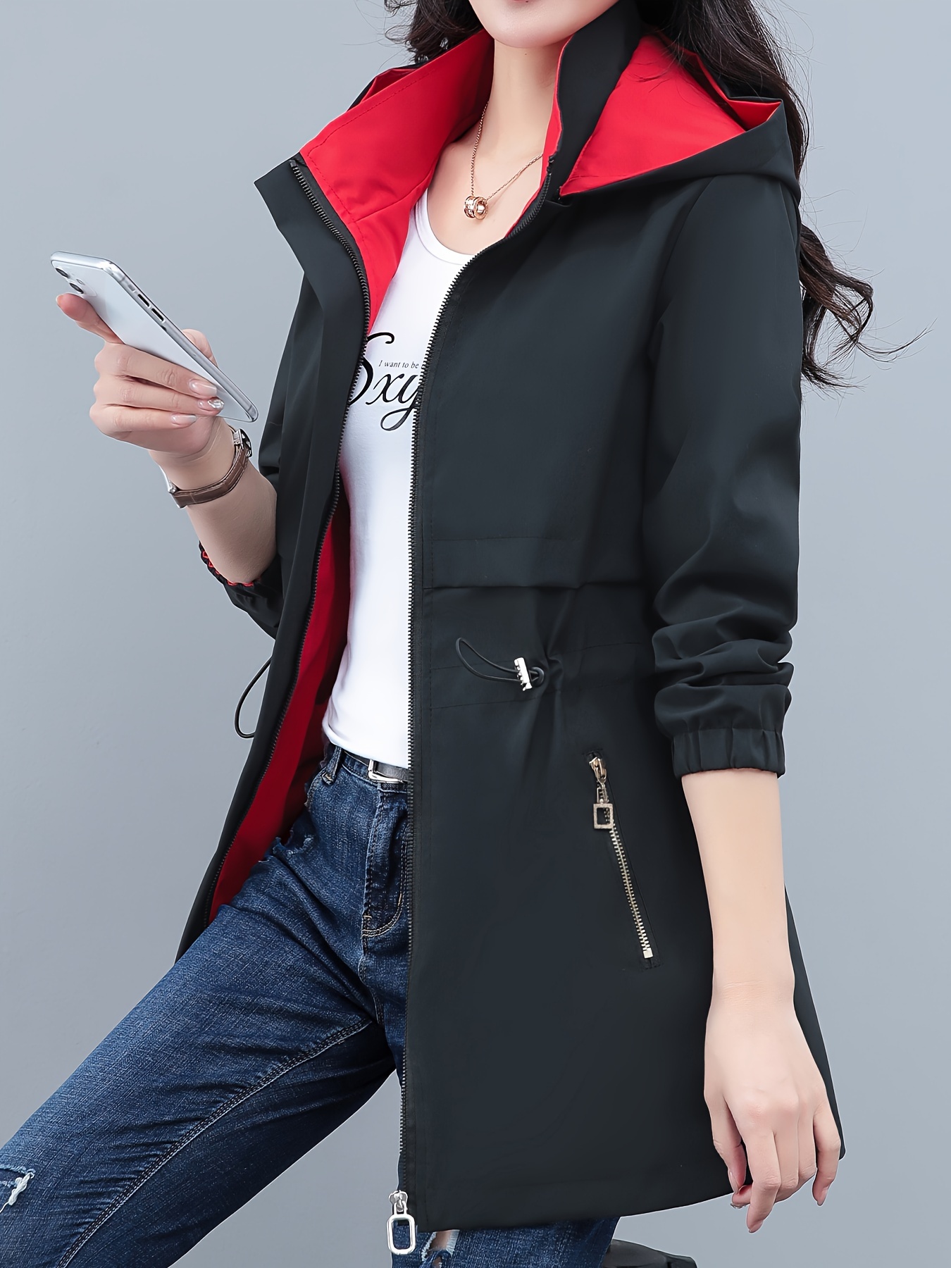 Chaqueta tipo buzo con cierre, abrigo casual de manga larga con cordón ajustable en la cintura para primavera y otoño, ropa para mujer