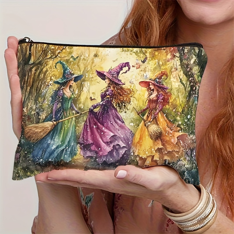 TEMU 1 ud. Neceser de resina vintage de bruja con diseño vívido de bosque de otoño, poliéster duradero, cierre de cremallera seguro, neceser de viaje