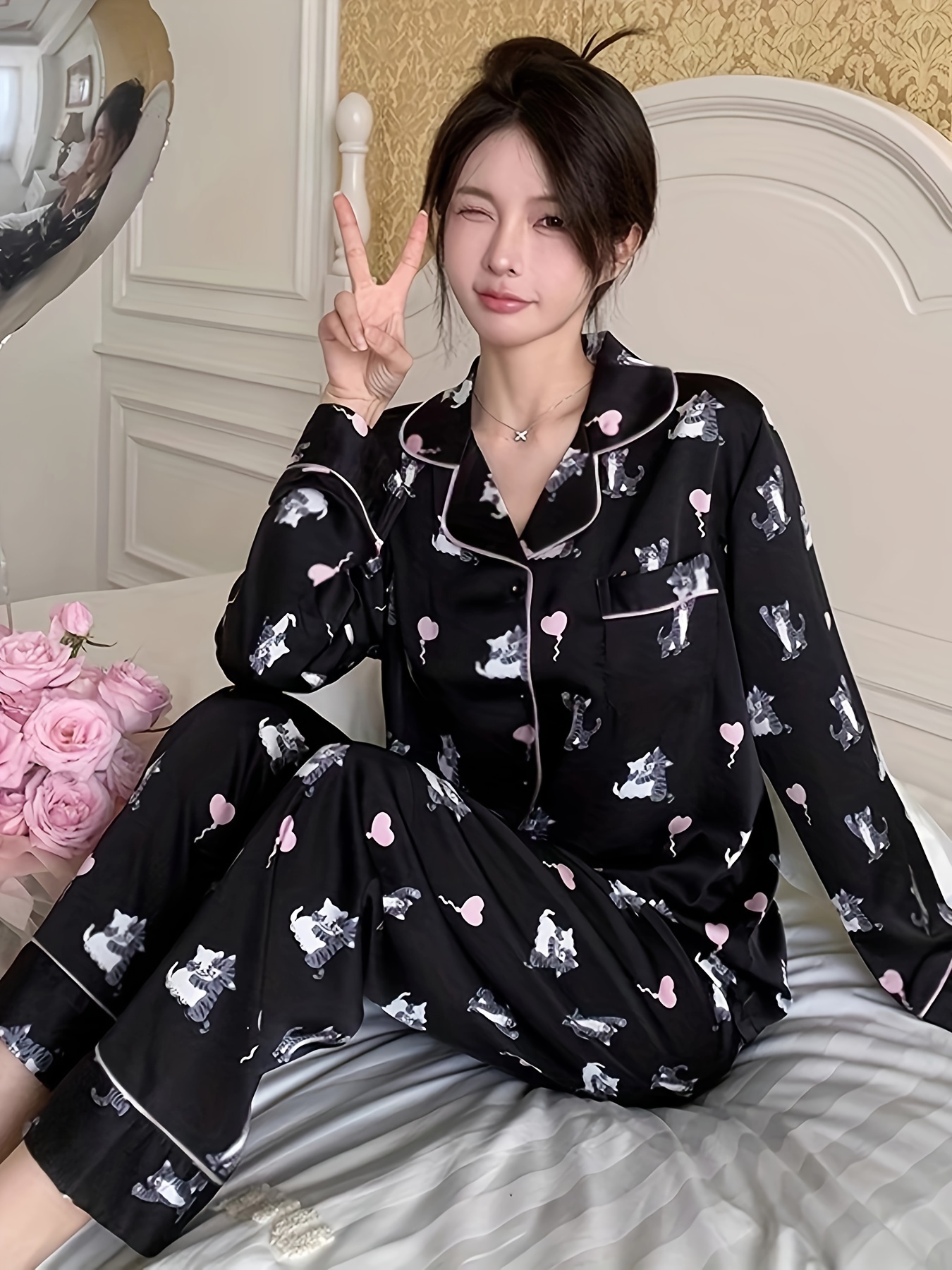 Women's Pajamas Nightwear Cute Cat Print Tops and Pants Sleepwear