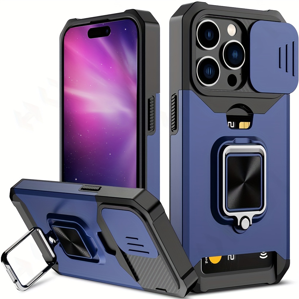 Phone Case For IPhone 14 Pro Max Slide Camera Card Holder Heavy Duty Protective Ring Magnetic Kickstand Cover