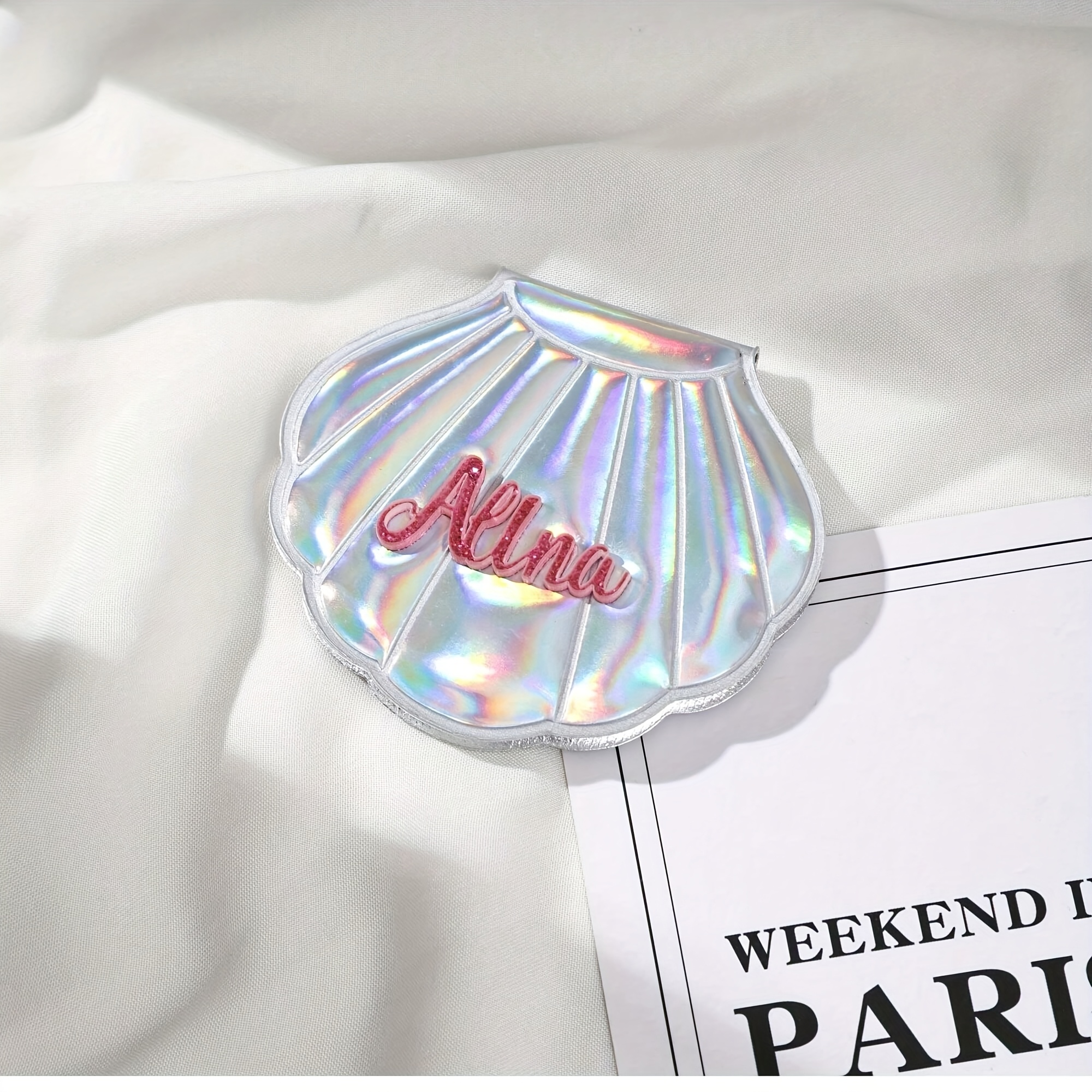 TEMU Personalized Custom Name Makeup Mirror With Ocean Shell Laser Colorful Design, Perfect For A Girly Touch. Portable Double-sided Makeup Accessory