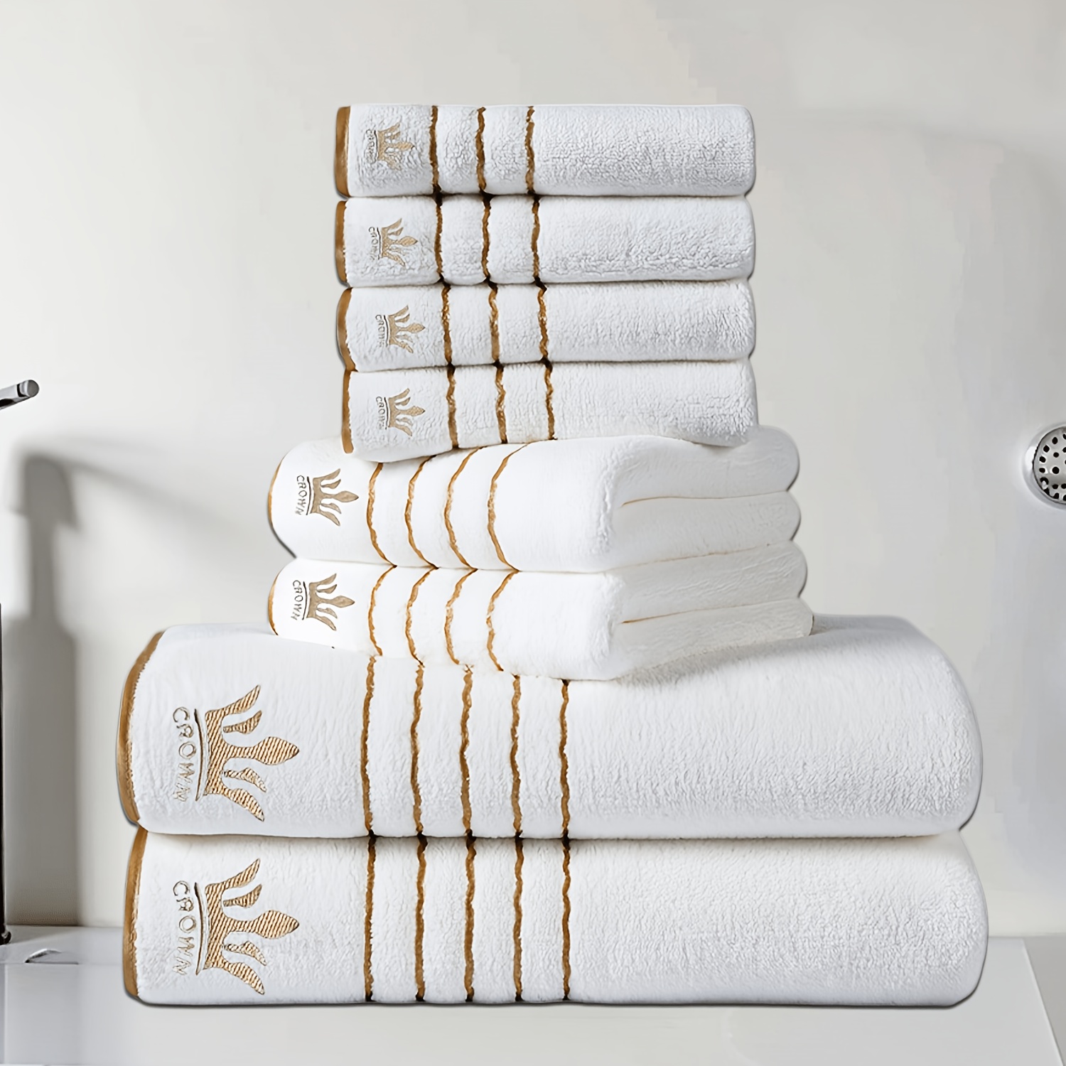 TEMU 8 pièces Ensemble de Serviettes de -Douces en avec Broderie Couronne, 2 Serviettes de Bain (70 x 140 cm), 2 Serviettes à Mains (42 x 70 cm), 4
