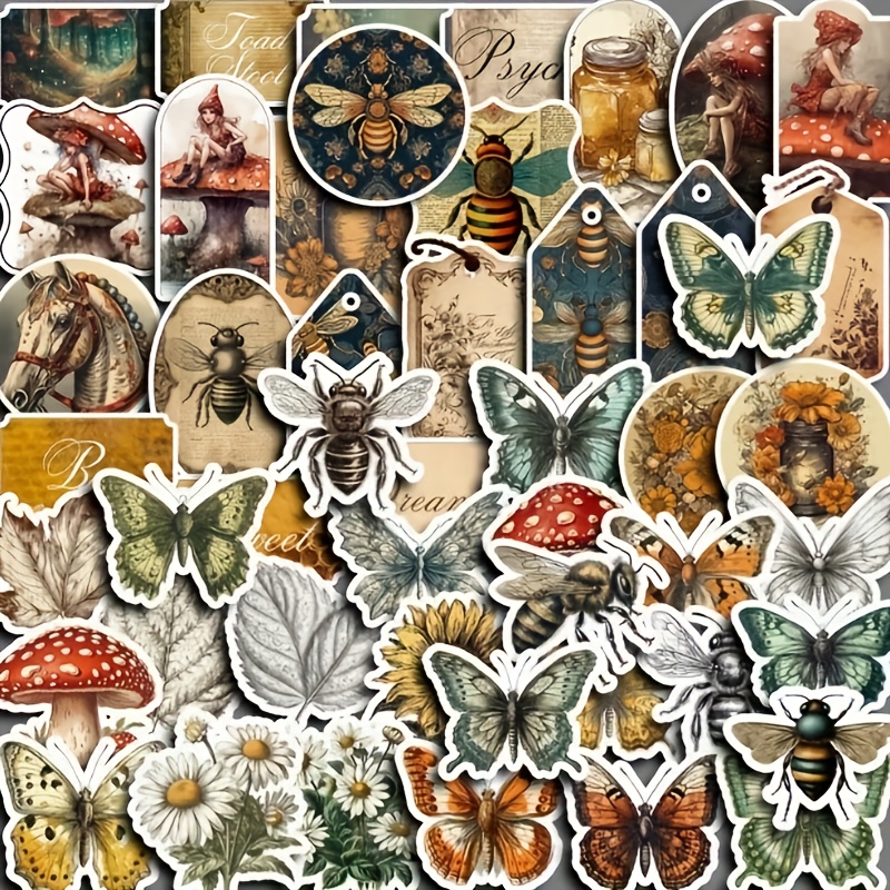 

50pcs Vintage-inspired Pvc Stickers, Waterproof Self-adhesive Decals For Water Bottles, Laptops, Phones - Assorted Animals & , Reusable On Plastic, Glass, Metal, Ceramic